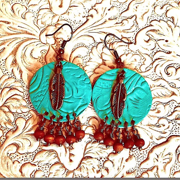 CowgirlZ at HEART Jewelry - TURQUOISE TEAL LEATHER FEATHER EARRINGS ARTISAN ORIGINAL HANDMADE HANDCRAFTED